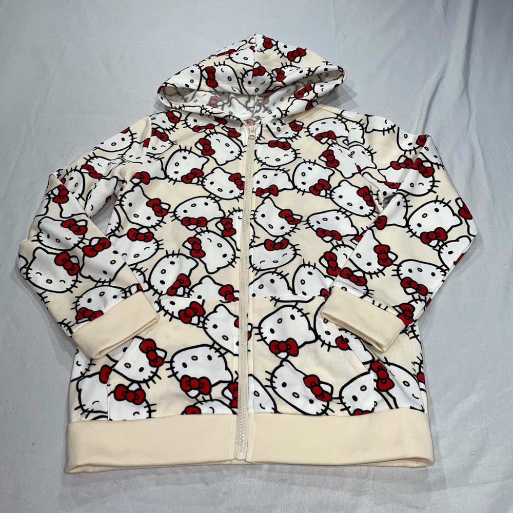 Hello Kitty‎ Sanrio Girls Zip Up Hoodie All Over Print Cream L 14 Hybrid Apparel
